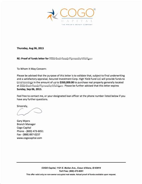 proof  funds letter