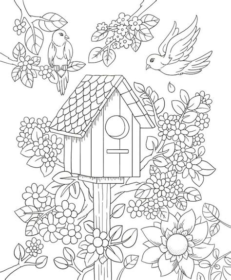 spring coloring pages printable  adults birdhouse  flower