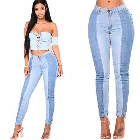 jeans for women skinny jeans woman mid waist colorblock stitching tight