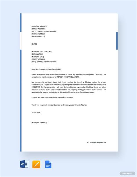 gym membership cancellation letter template  google docs word pages