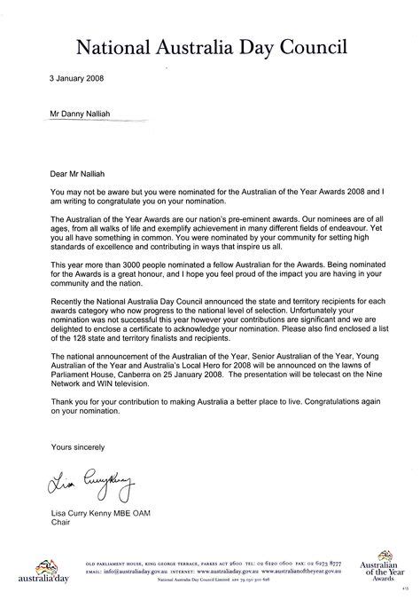 australian   year nomination award  pastor dannyofficial letter