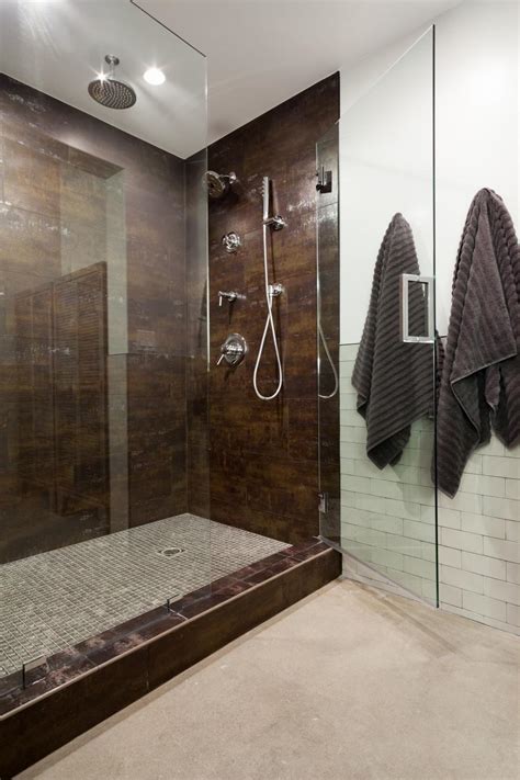 contemporary bathroom features brown tile shower hgtv