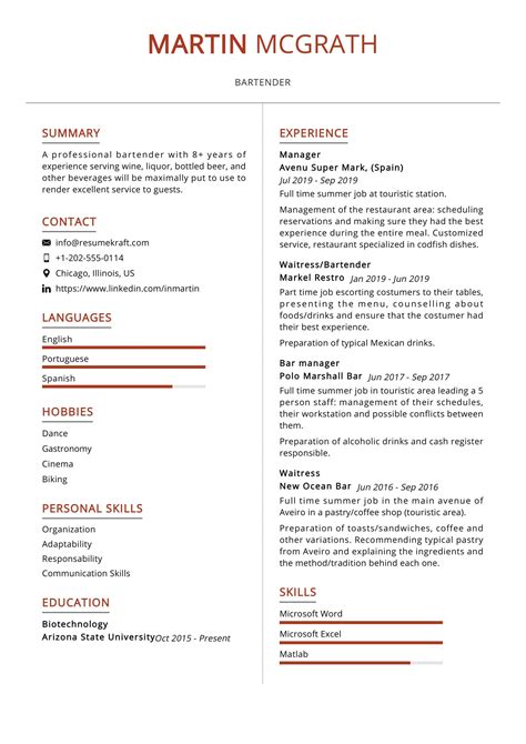 bartender resume sample   resumekraft