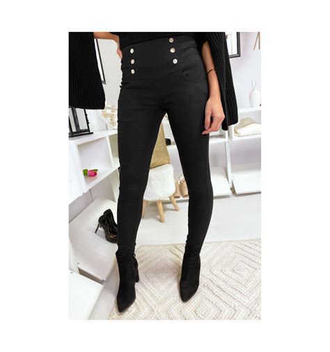 zwarte slimfit broek met hoge taille en decoratieve knopen dames broeken