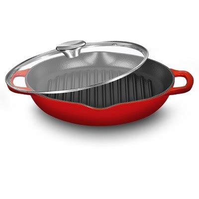 bruntmor red enameled deep  grill cast iron griddle pan  glass