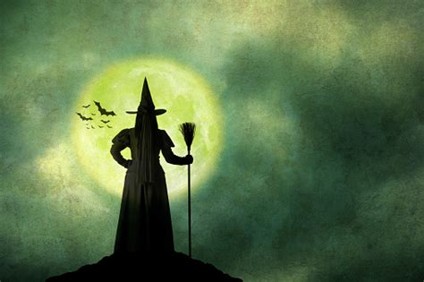 Halloween Witch Holds Her Broom Standing In Front Of Full Moon Stock