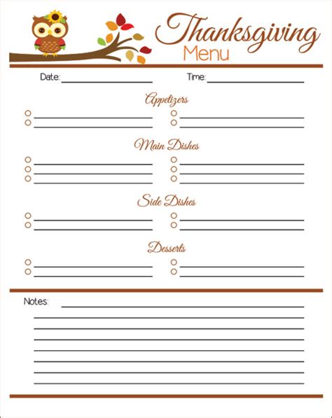 blank printable thanksgiving menu template