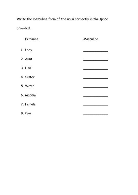 masculine  feminine gender nouns worksheet