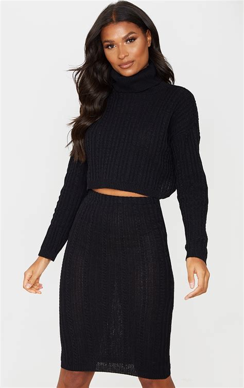 black cable knit midi skirt knitwear prettylittlething usa