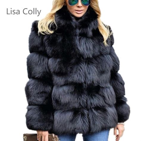 lisa colly women winter luxury faux fox fur coat slim long sleeve collar coat faux fur jacket