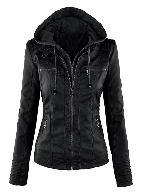 women hooded leather jackets zipper attractive outerwear