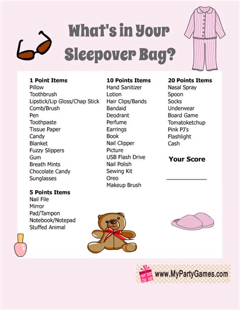 free printable what s in your sleepover bag slumber party game for