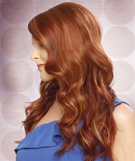 Long Wavy Copper Red Hairstyle With Side Swept Bangs And