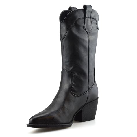 ladies womens mid calf block heel western riding cowboy biker boots shoes size ebay