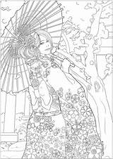 Coloring Japanese Japan Woman Cherry Temple Hanami Elegant Beautiful Celebrating Pages Yukata Festival Blossoms Drawing Young Front Most Her Adult sketch template