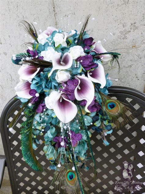 dress my wedding teal plum cascading bouquet with picasso calla