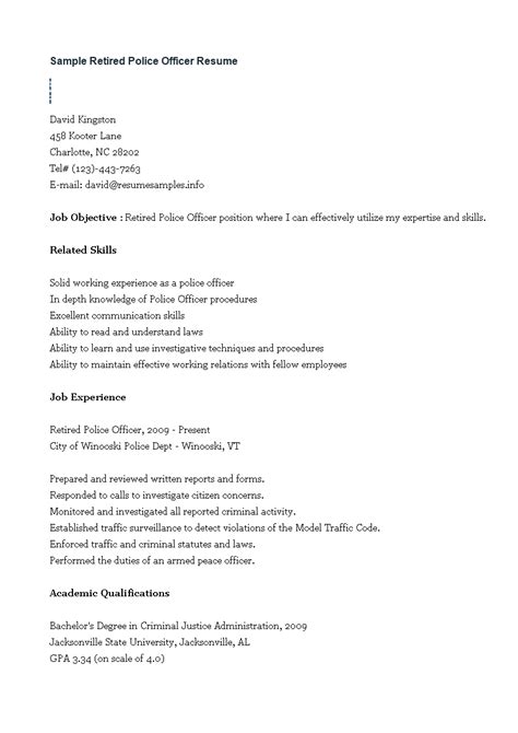 sample retired police officer resume tempalte   draft  retired