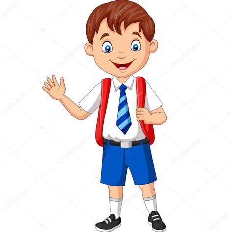 vector illustration cartoon school boy uniform waving hand stock