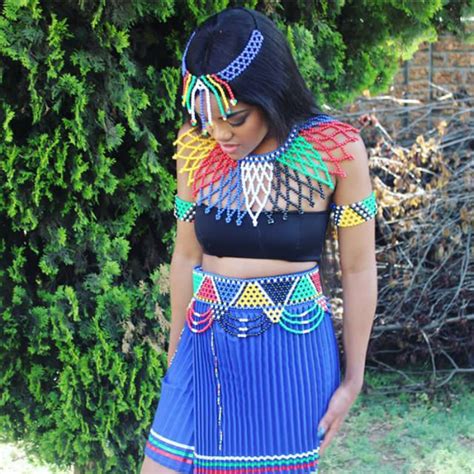 clipkulture zulu blue patterned skirt with head neck and waist beads