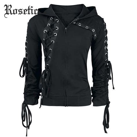 Rosetic Gothic Punk Women Hoodies Lace Up Hooded Long Sleeve Casual