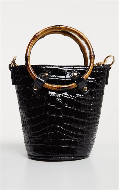 Black Patent Croc Bamboo Bucket Bag Prettylittlething