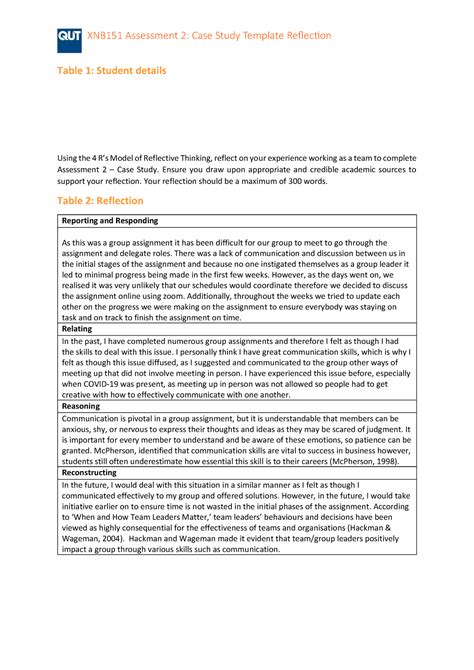 assessment  individual reflection template xnb assessment  case