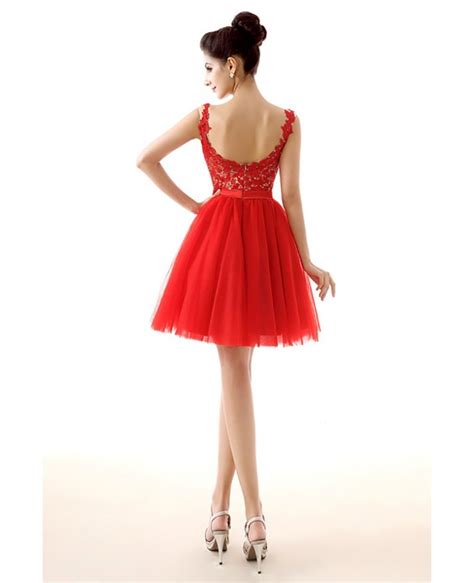 Unique Short Red Homecoming Prom Dress With Lace Beading