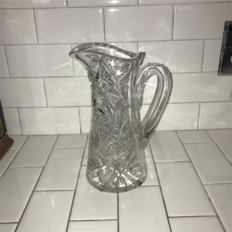 antique american brilliant cut glass pitcher beautiful large cut rim  handle mint condition