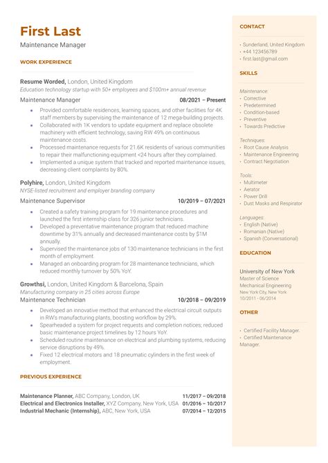 maintenance manager resume examples   resume worded