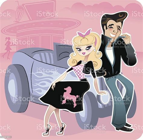 1950s drivein with girl in poodle skirt greaser and hotrod stock vector