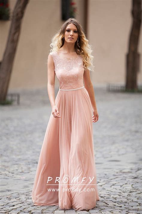 nude pink illusion neck long wedding guest dress promfy