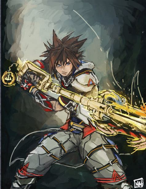 rough phase of adult sora wielding the triplicate keyblade fused with the kingdom key and the