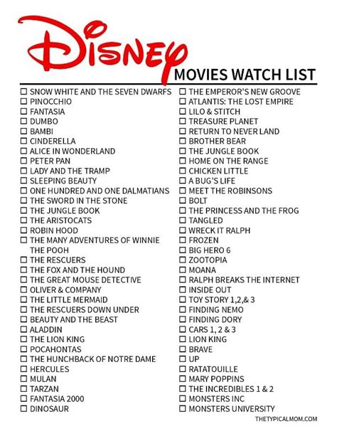 free printable disney original movies checklist