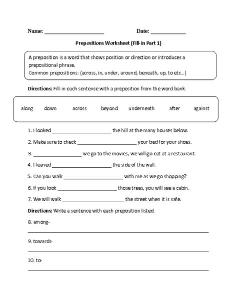 fill  prepositions worksheet preposition worksheets middle school