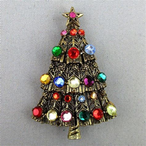 vintage hollycraft rhinestone christmas tree pin brooch