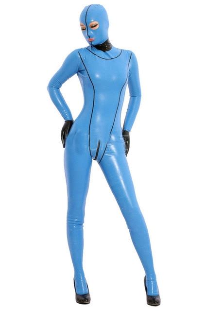 New Latex Rubber Full Body Catsuit Suit Light Blue Hood Catsuit Size