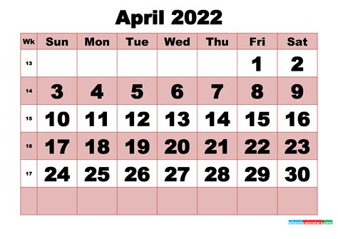 printable monthly calendar april