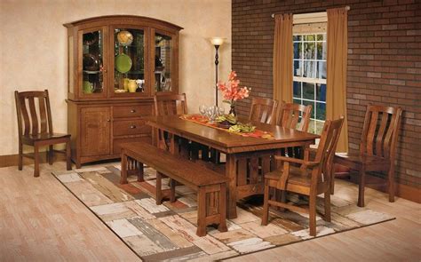 Amish Mission Trestle Dining Table Chairs Set Wood Rustic
