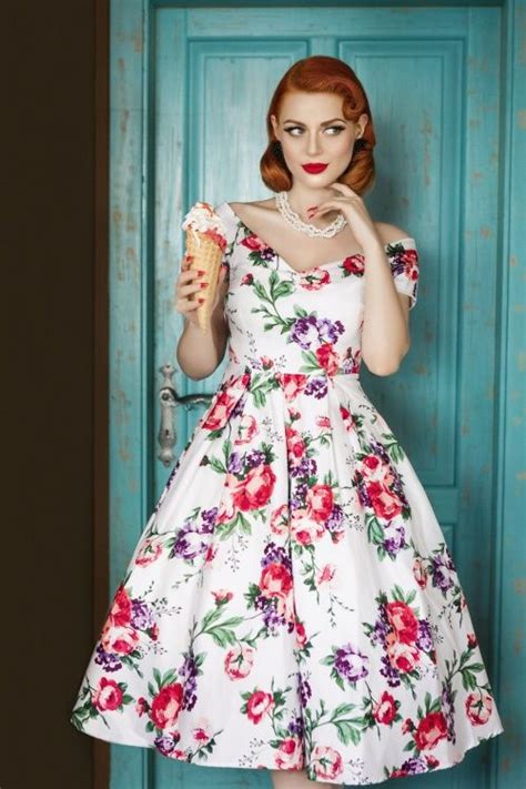 Dolly And Dotty 50s Lily Floral Swing Dress In White Vintage Kleider