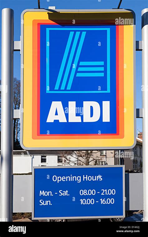 aldi supermarket sign  opening hours abergavenny wales uk stock photo royalty  image