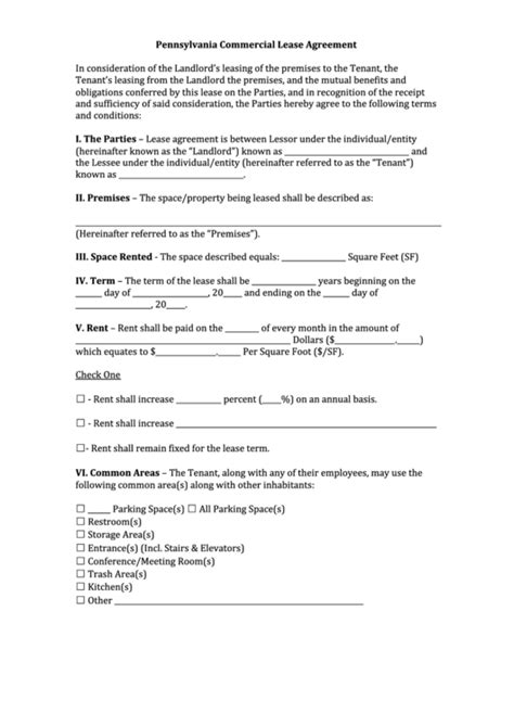 fillable pennsylvania commercial lease agreement template printable