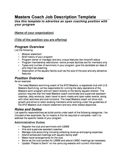 job description templates examples templatelab coaching job description template