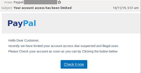 email scam spoofs paypal   informs users  account access  limited