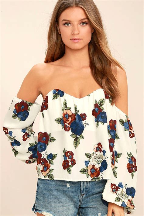 Lovely White Floral Print Top Off The Shoulder Top Boned Crop Top