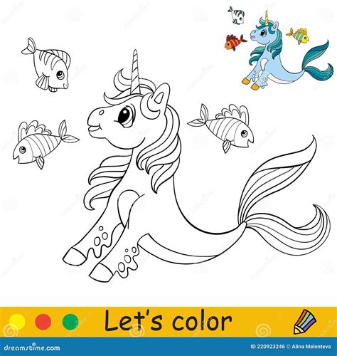 cartoon cute sea unicorn  fishes coloring stock vector