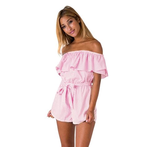 buy sexy women striped playsuit off shoulder ruffle