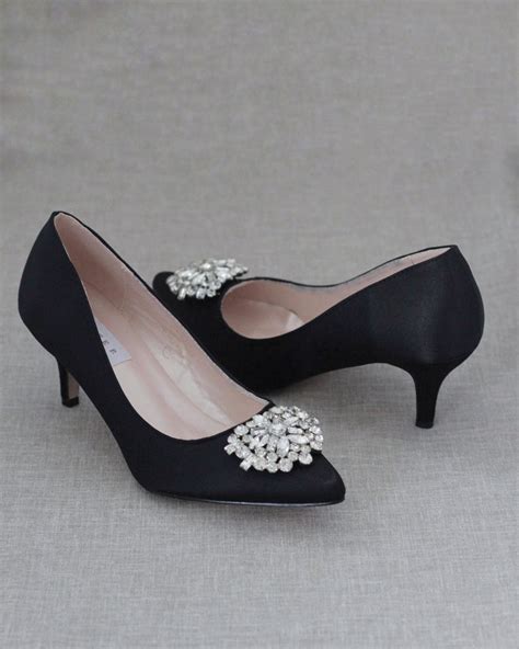 Black Satin Kitten Heel With Rhinestones Brooch Bridal Shoes Wedding