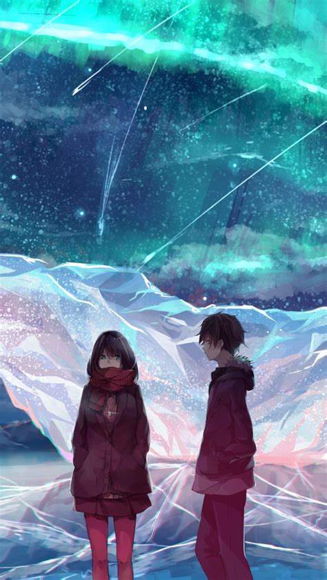 anime couple ice field scarf anime girl boy