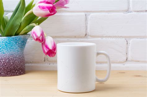 white coffee mug mockup  pink tulip  purple blue vase stock photo  tasipas