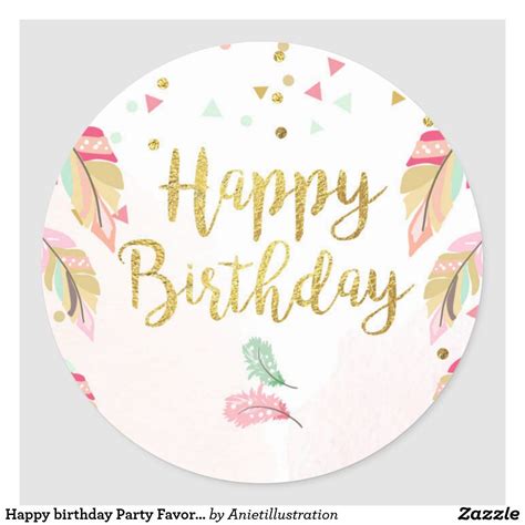 happy birthday party favor tags sticker pink gold zazzle happy